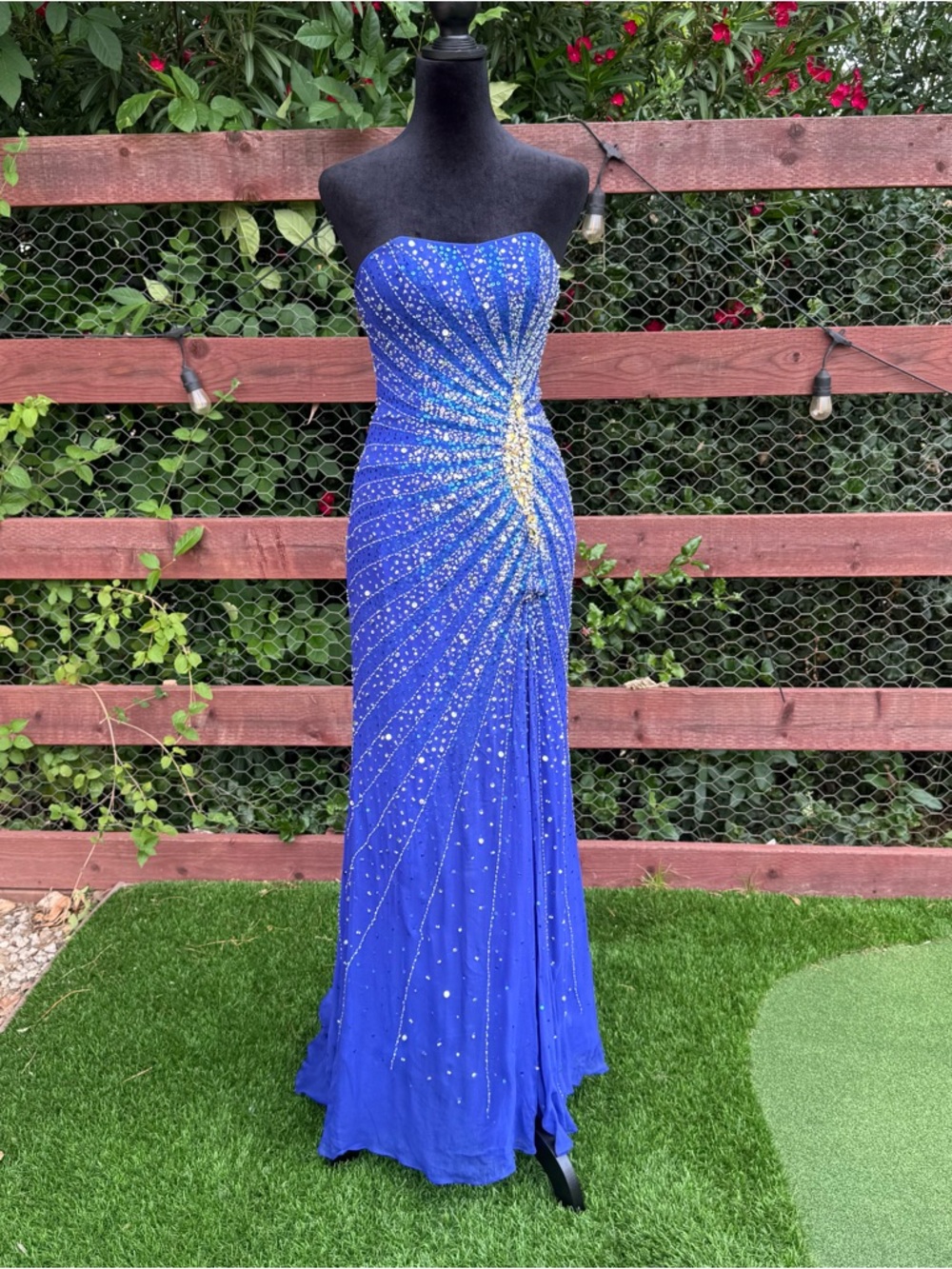 Strapless Royal Blue Evening Gown with Crystal Starburst